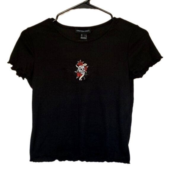 STREETWEAR SOCIETY Black Crop Top Skull Roses Wings Size Small Goth - Picture 1 of 4